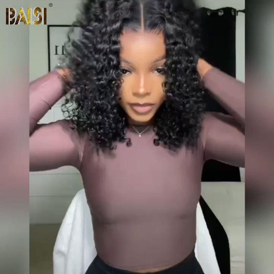 BAISI 13x4 Perruque Bob Curly en Noir Sans Colle Lace déjà couper Facile à Porter en 100% Cheveux Humains