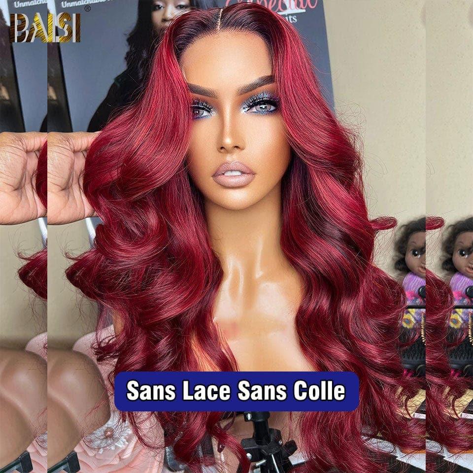 BAISI 13x4 Perruque Body Wave En couleur Bordeaux #1B99J Sans Colle Lace déjà couper Facile à Porter en 100% Cheveux Humains