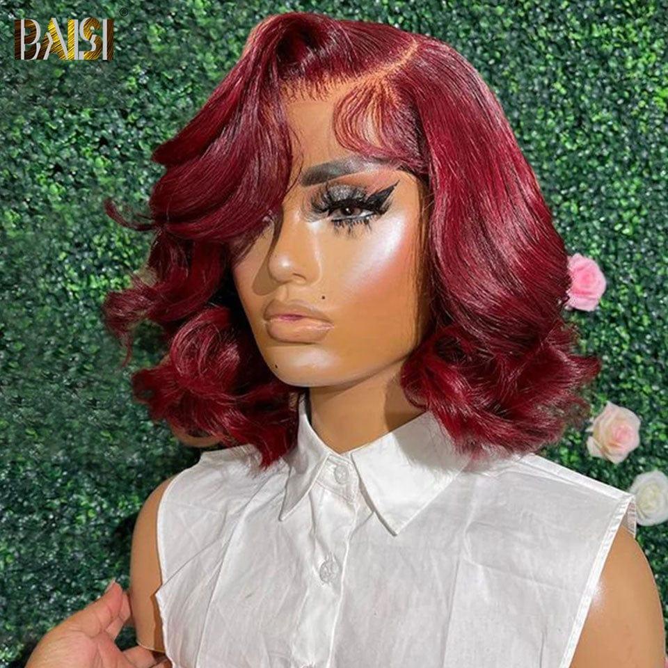 BAISI Achetez 2 perruques minimum au prix d'usine fournisseur 13X4 Perruque BOB Body Wave Tout Rouge Bordeaux 99J Pré-plucked Pas Besoin de Colle en 100% Raw Hair Lace déjà couper(Pas besoins de code)