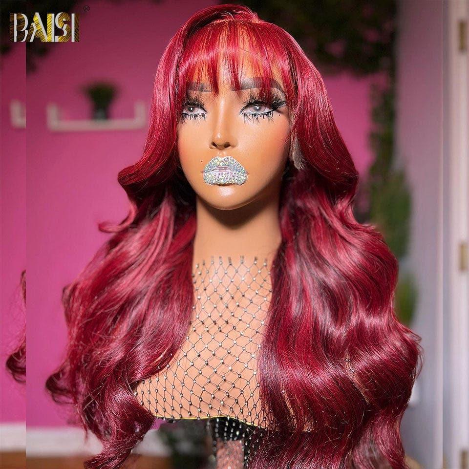 BAISI 13x4 Lace Frontal Burgunderrote Body Wave Perücke 99J mit Pony aus 100 % Echthaar