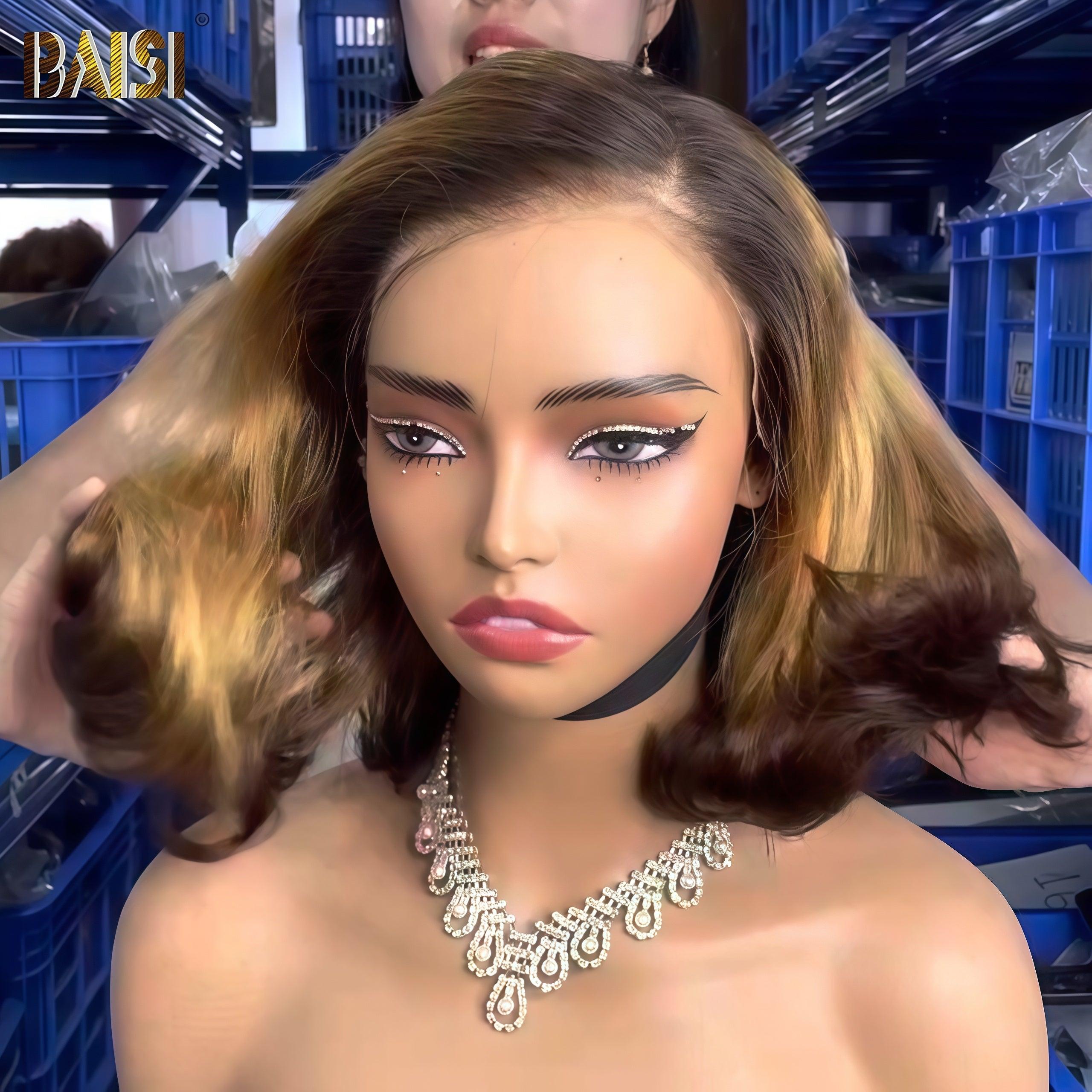 BAISI Perruque Lisse bob Coupe personnalisée en Marron 4T30#T4# 10 pouces Pré-plucked Pas Besoin de Colle en 100% Raw Hair Lace déjà couper 300% densité plus de 20 ans d' utilisations