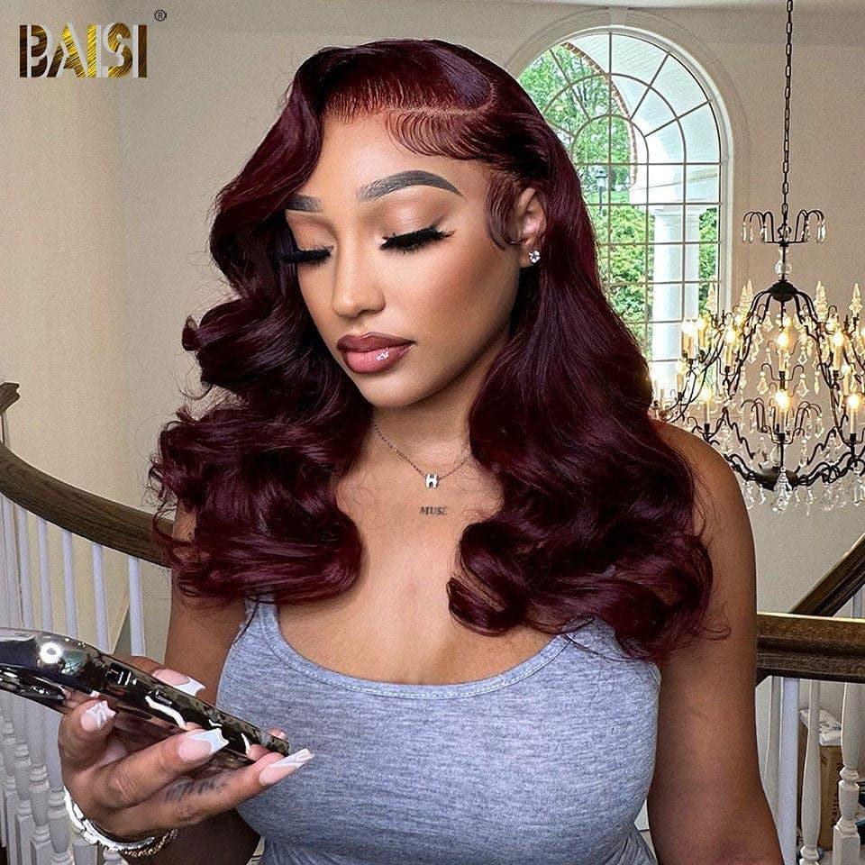 BAISI 13X4 Bob Body Wave Perücke in Burgunderrot #99J, vorgezupft, kein Kleber erforderlich, aus 100 % Rohhaar, Spitze bereits geschnitten