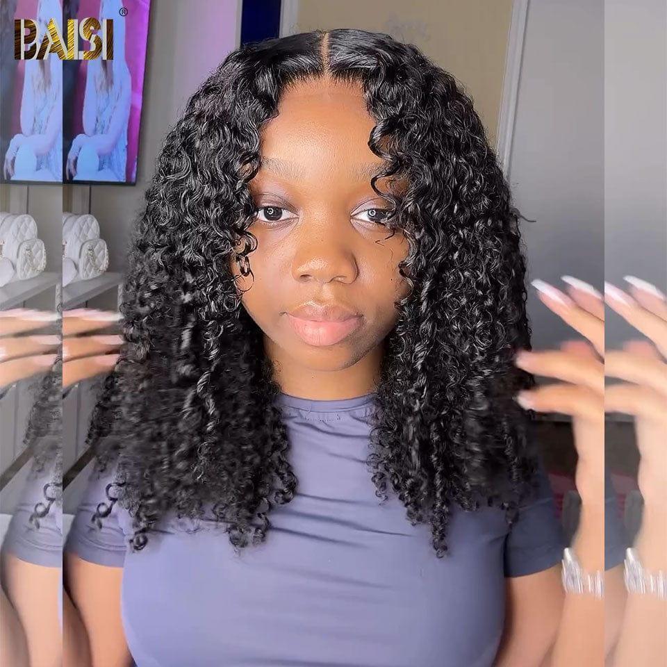 BAISI 13x4 Perruque Bob Curly en Noir Sans Colle Lace déjà couper Facile à Porter en 100% Cheveux Humains
