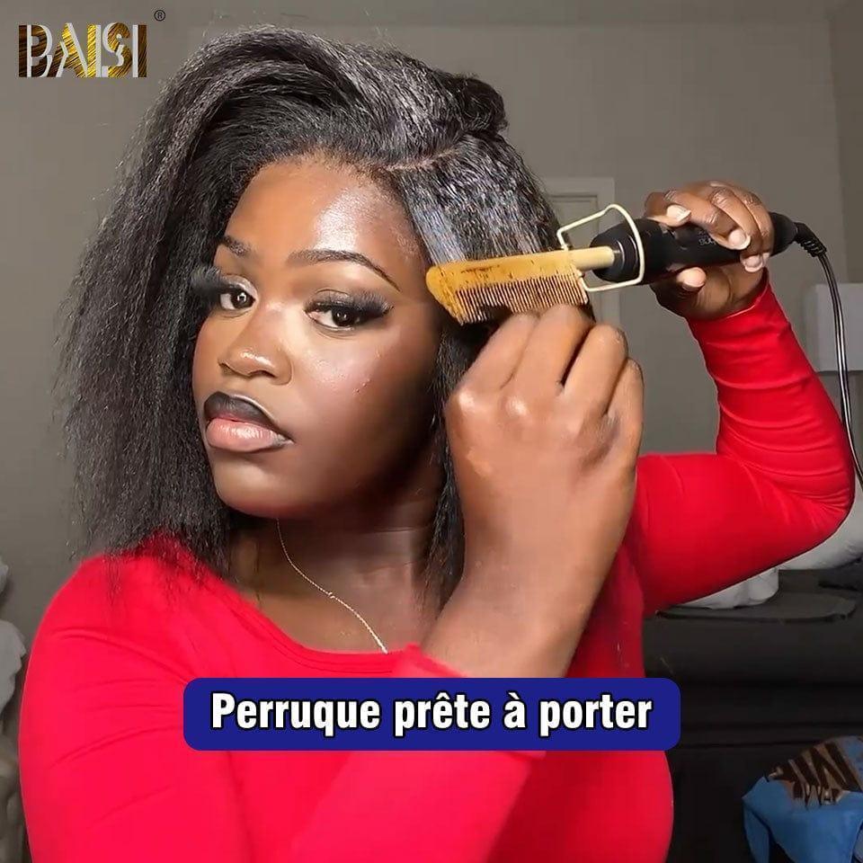 BAISI 13x4 Lace Frontal Perruque Bob Kinky Straight Pré-plucked Pas Besoin de Colle en 100% Raw Hair Lace déjà couper
