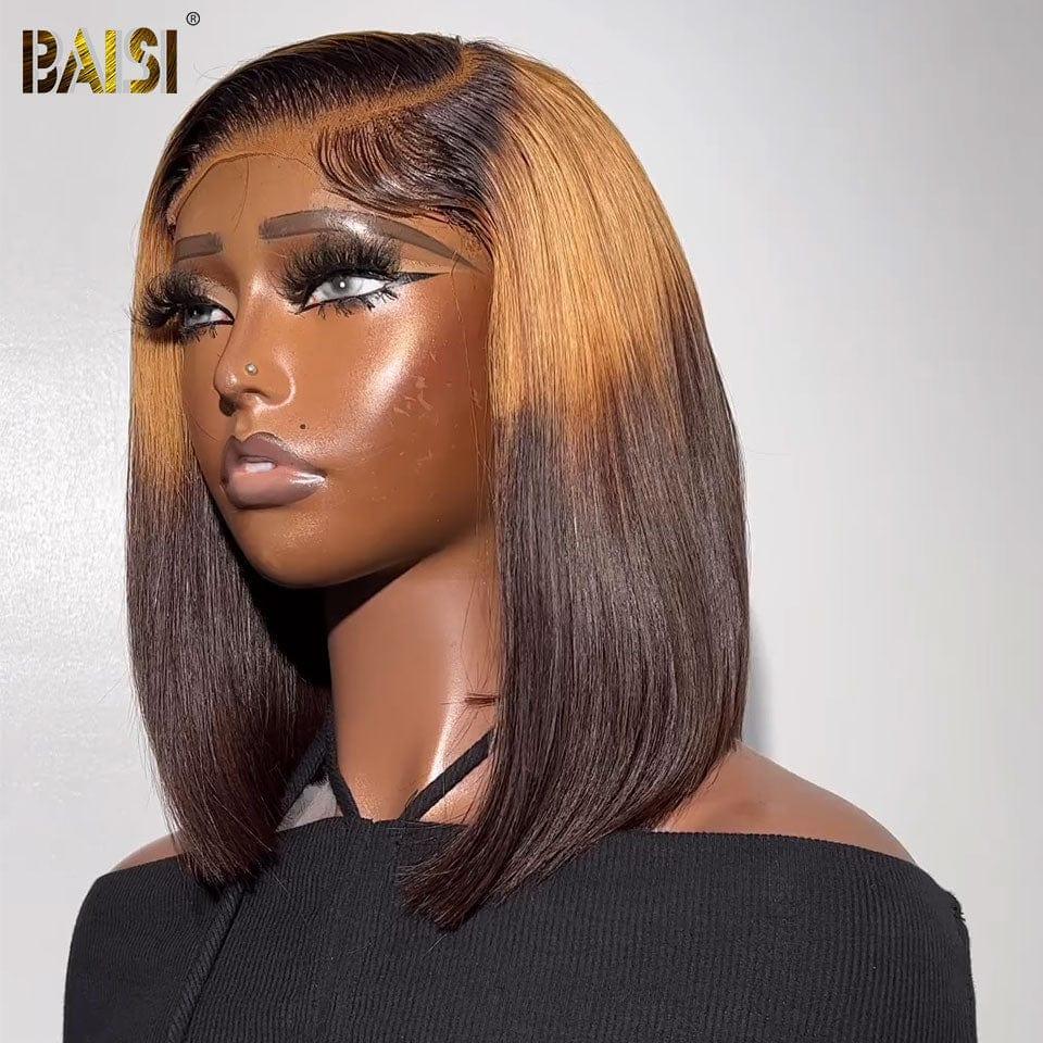 BAISI 13x4 Frontal Straight bob wig in color 4T#27#4# Pre-plucked No Glue Needed in 100% Raw Hair Lace already cut