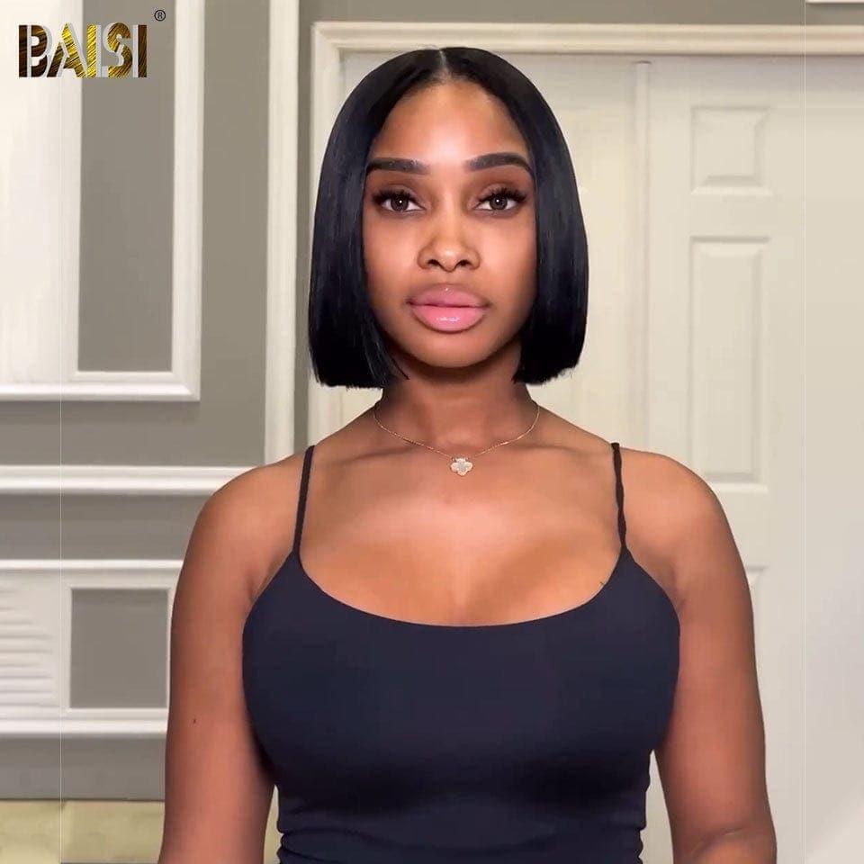 BAISI 13x4 Perruque Bob Lisse 8 Pouce 96€ en Noir Sans Colle Lace déjà couper Facile à Porter en 100% Cheveux Humains D