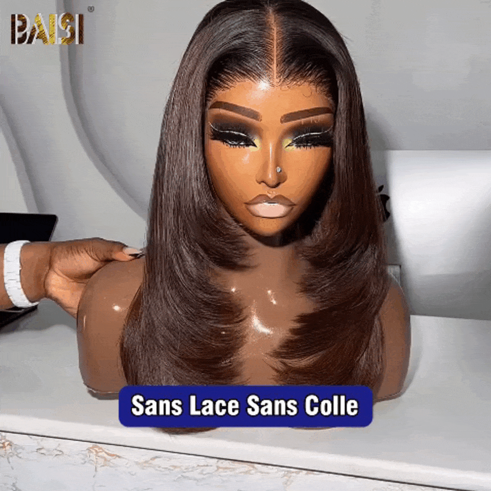 BAISI 13X4 peruca quadrada reta na cor marrom pré-arrancada sem necessidade de cola em cabelo 100% cru renda já cortada