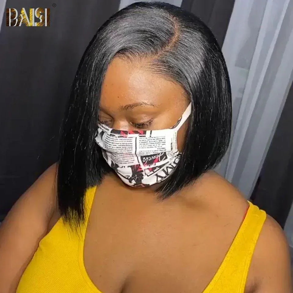 BAISI 13x4 Straight Bob Wig em Black Glueless Lace Front Cut Fácil de Usar 100% Cabelo Humano