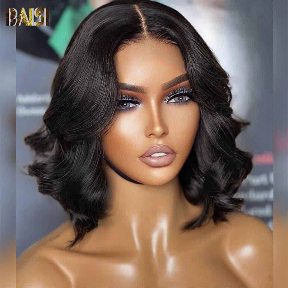 BAISI 13x4 Bob Body Wave Perücke in Schwarz, leimloser Spitzenfrontschnitt, einfach zu tragen, 100 % Echthaar
