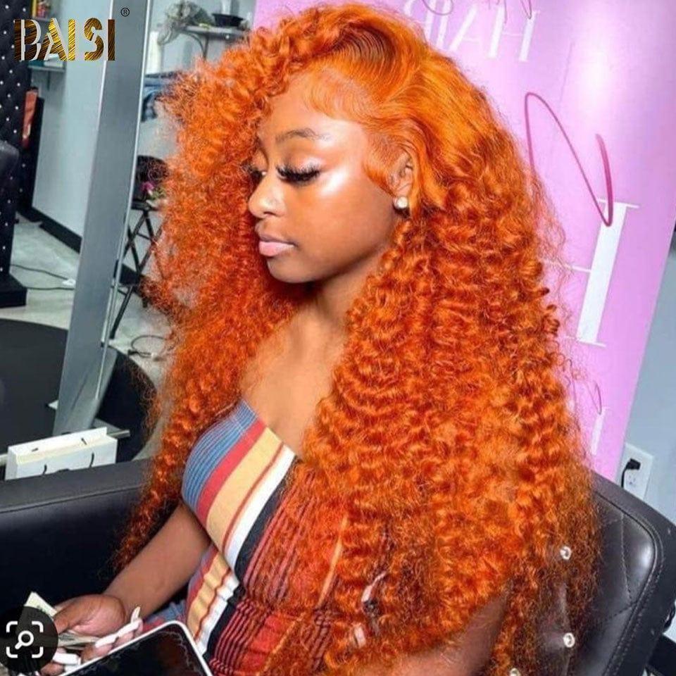 BAISI Buy at least 2 wigs at factory supplier price 13x4 Lace Frontal Curly Wig In Orange No Glue Lace Already Cut Easy to Wear 100% Human Hair (No Code Needed)