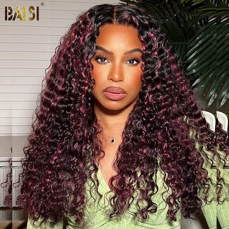 BAISI 13x4 Frontal Wig Deep wave in color 1b burgundy highlights Pre-plucked No Glue Need in 100% Raw Hair Lace already cut