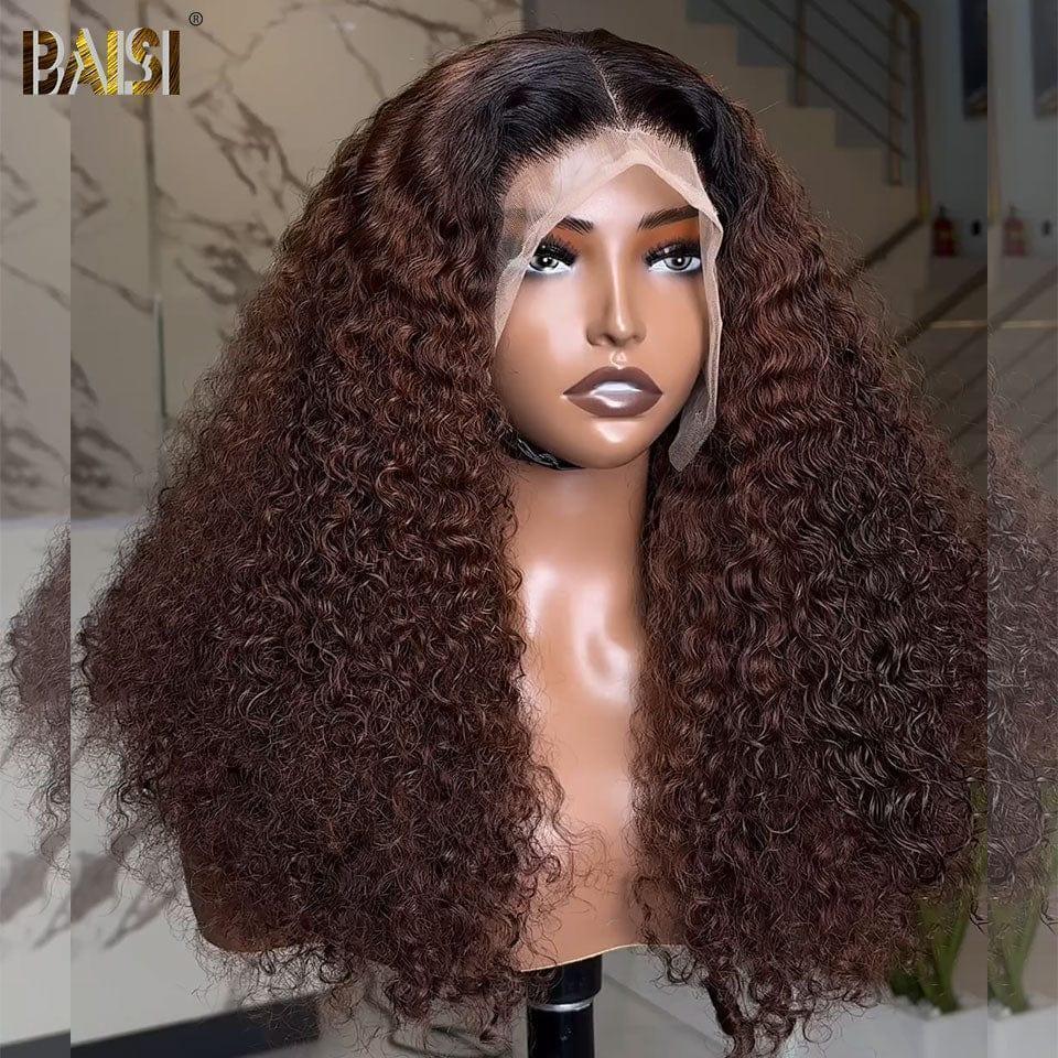 BAISI 13x4 Lace Frontal Perruque Curly Wave en couleur #1BT4 en 100% Cheveux Humains
