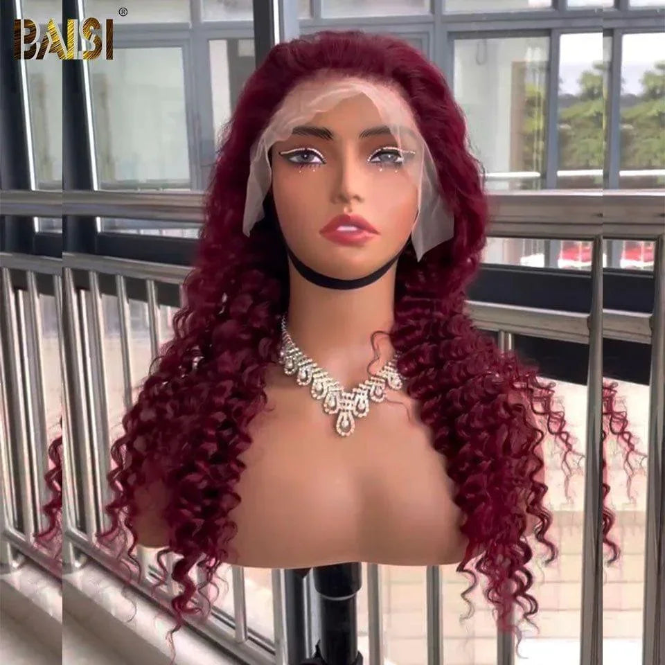 BAISI Buy at least 2 wigs at factory supplier price in France VAT 0€ 48H arrival 13x4 Lace Frontal Wig Deep Wave Bordeaux Red 100% Human Hair (No Code Needed)