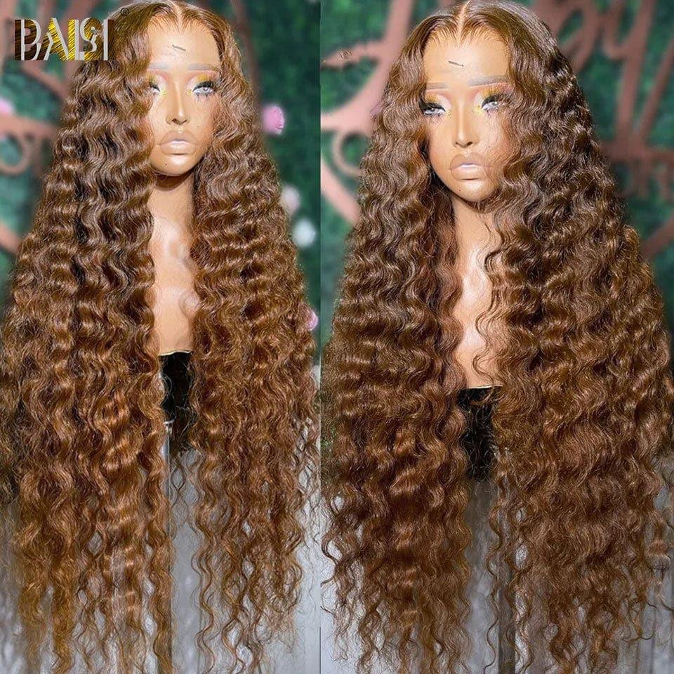 Peruca frontal de ondas profundas BAISI 13x4 em marrom #4 pré-arrancada, sem necessidade de cola em cabelo 100% cru, renda já cortada