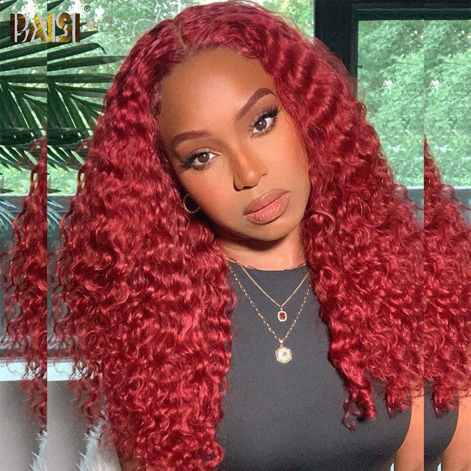 Peluca BAISI de onda profunda Frontal 13x4 en rojo prearrancada, sin necesidad de pegamento, con encaje de cabello 100% crudo ya cortado