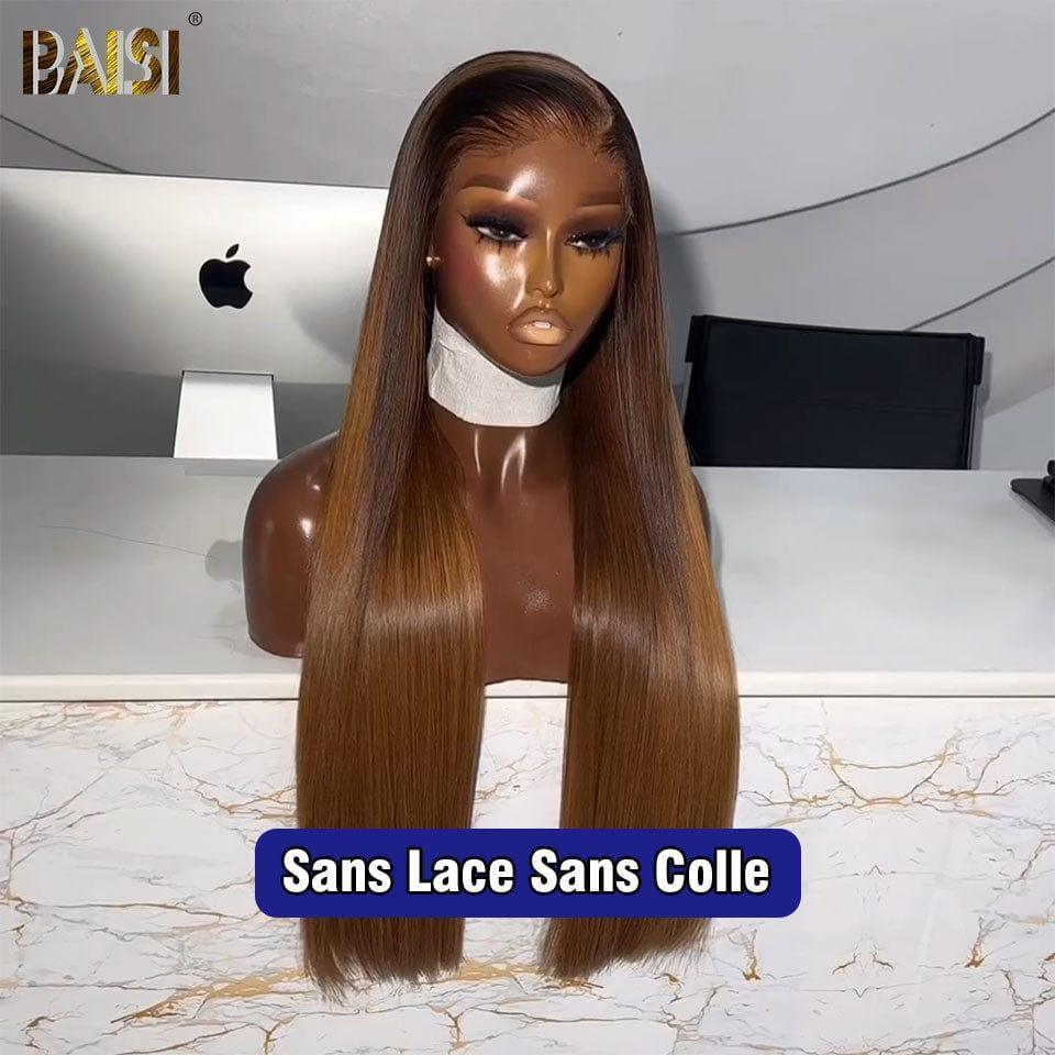 BAISI 13x4 Frontal Perruque Lisse en couleur #4T30 Pré-plucked Pas Besoin de Colle en 100% Raw Hair Lace déjà couper