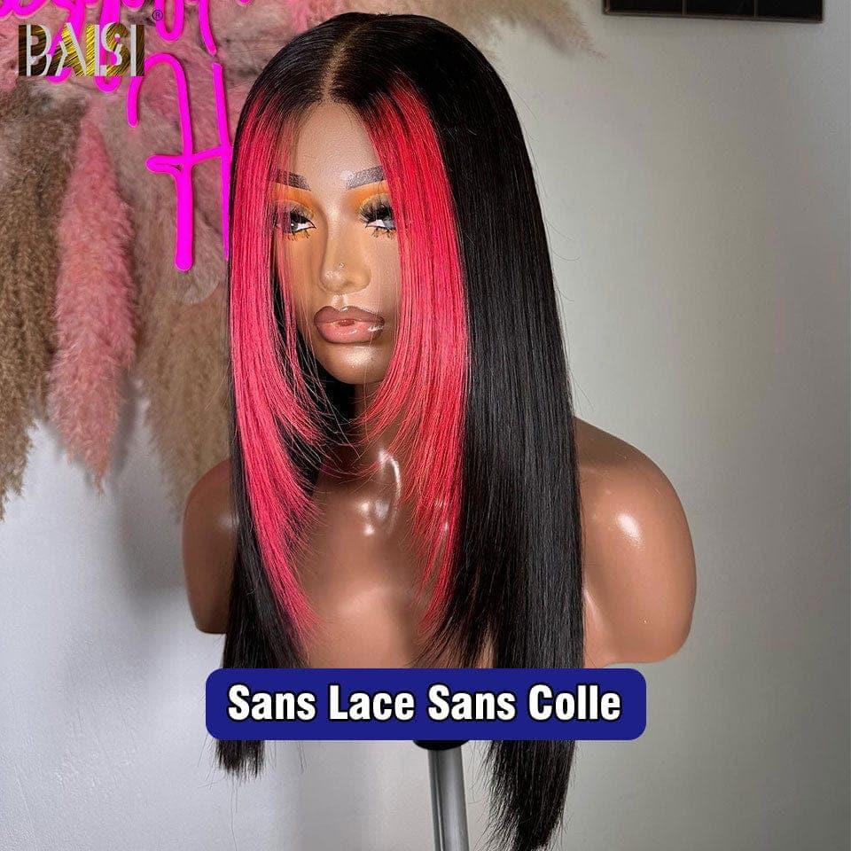 BAISI 13x4 Straight Wig In color 1b pink highlights Glueless Lace already cut Easy to Wear in 100% Human Hair
