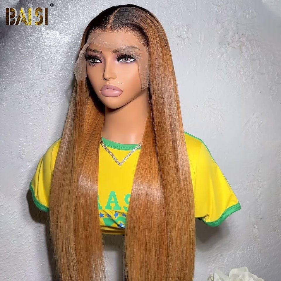 BAISI Achetez 2 perruques minimum au prix d'usine fournisseur 13x4 Lace Frontal Perruque Lisse En Couleur #1BT27 Sans Colle Lace déjà couper Facile à Porter En 100% Cheveux Humains (Pas Besoins De Code)