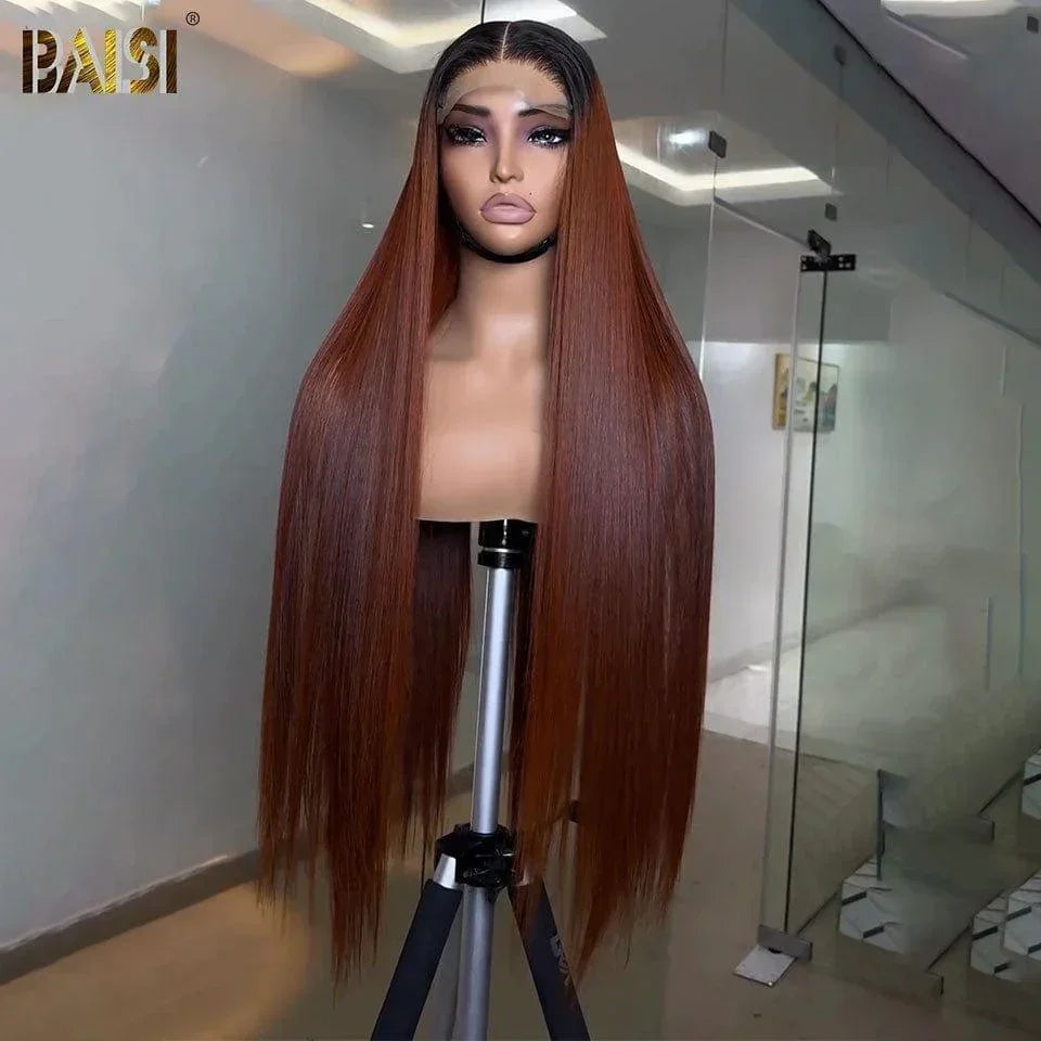 BAISI 13x4 Lace Frontal Wig Smooth Brown #1BT4 in 100% Human Hair
