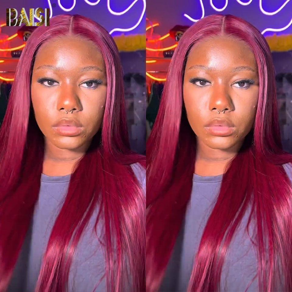 BAISI 13x4 Lace Frontal Perruque Lisse Rouge Bordeaux en 100% Cheveux Humains