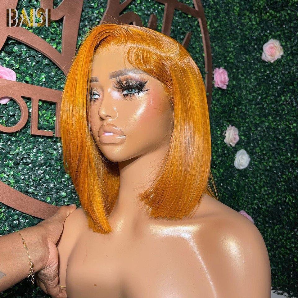 BAISI 13X4 Straight Bob Wig In Orange Yellow Pre-Plucked No Glue Needed in 100% Raw Hair Lace Already Cut