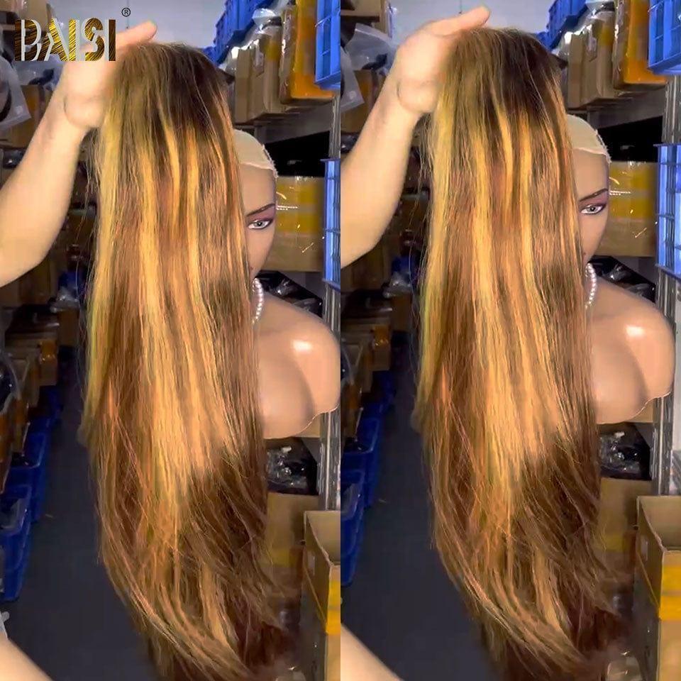 BAISI 13x4 Straight Honey #4MIX#27 Glueless Lace Front Wig Easy to Wear 100% Human Hair