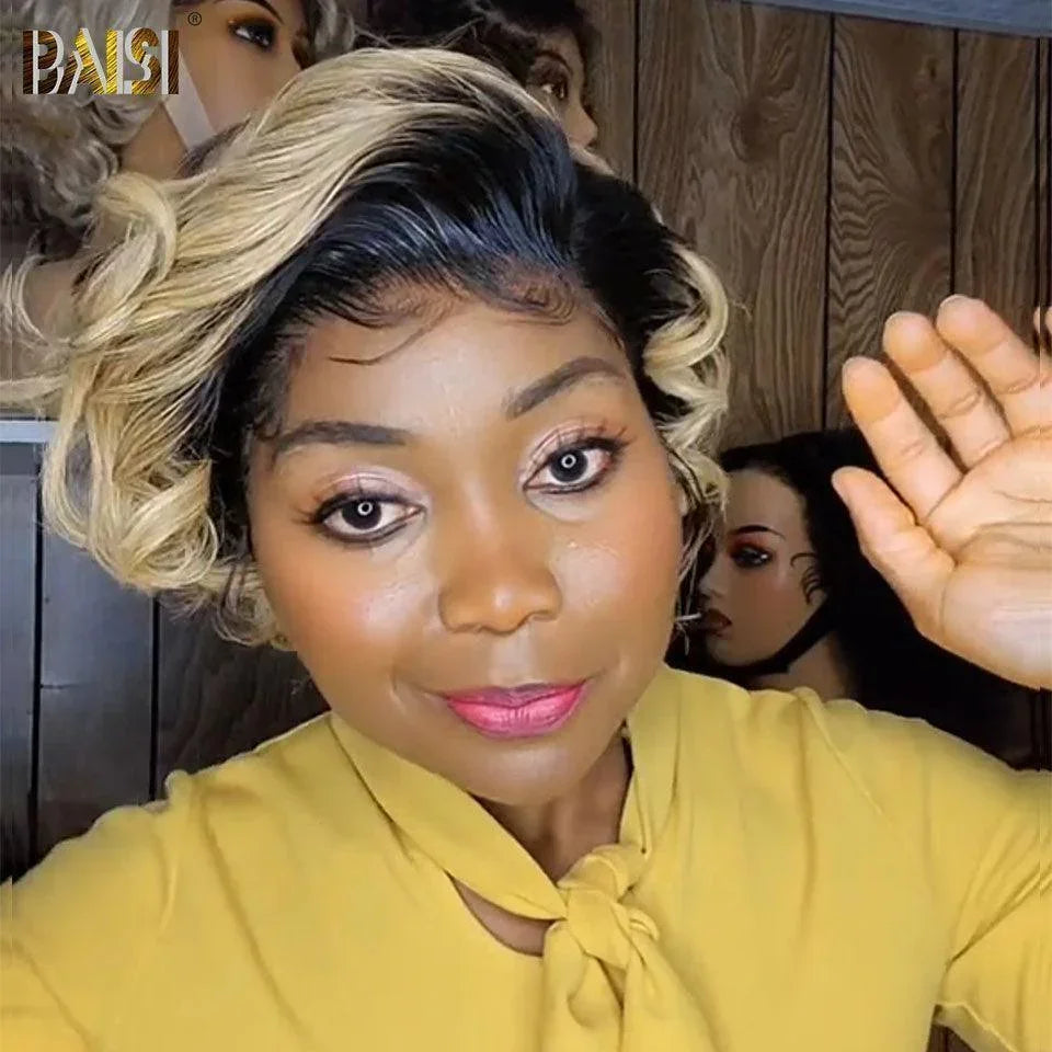 BAISI Acquista almeno 2 parrucche al prezzo di fabbrica fornitore 13X4 Taglio Pixie Liscio Nero Miele T1B/27# o 13X4 lace riccio onda 14 Pollici SDD 250% densità 100% Capelli Umani Veri (Nessun Codice Necessario)