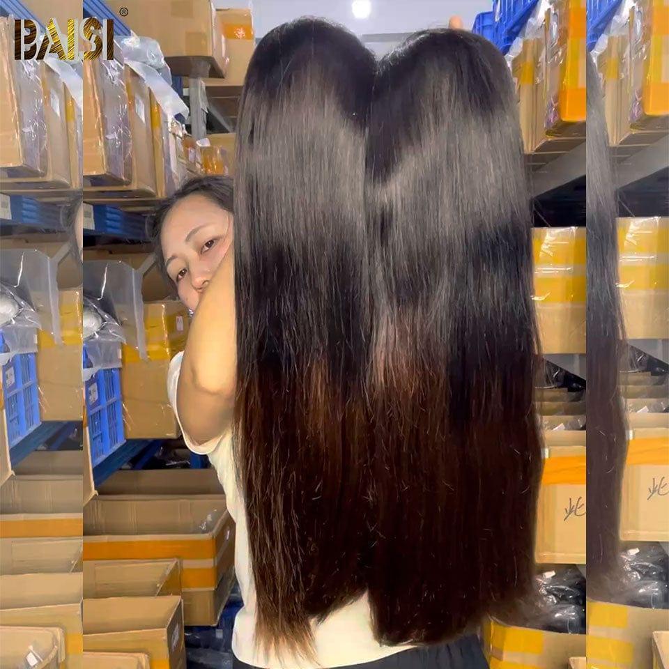 BAISI Achetez 2 perruques minimum au prix d'usine fournisseur Perruque de luxe Lisse Noir Marron 1BT4# Sans Colle Lace déjà couper Facile à Porter 250% densité plus de 20 ans d' utilisations en 100% Cheveux Humains (Pas Besoin de Code)