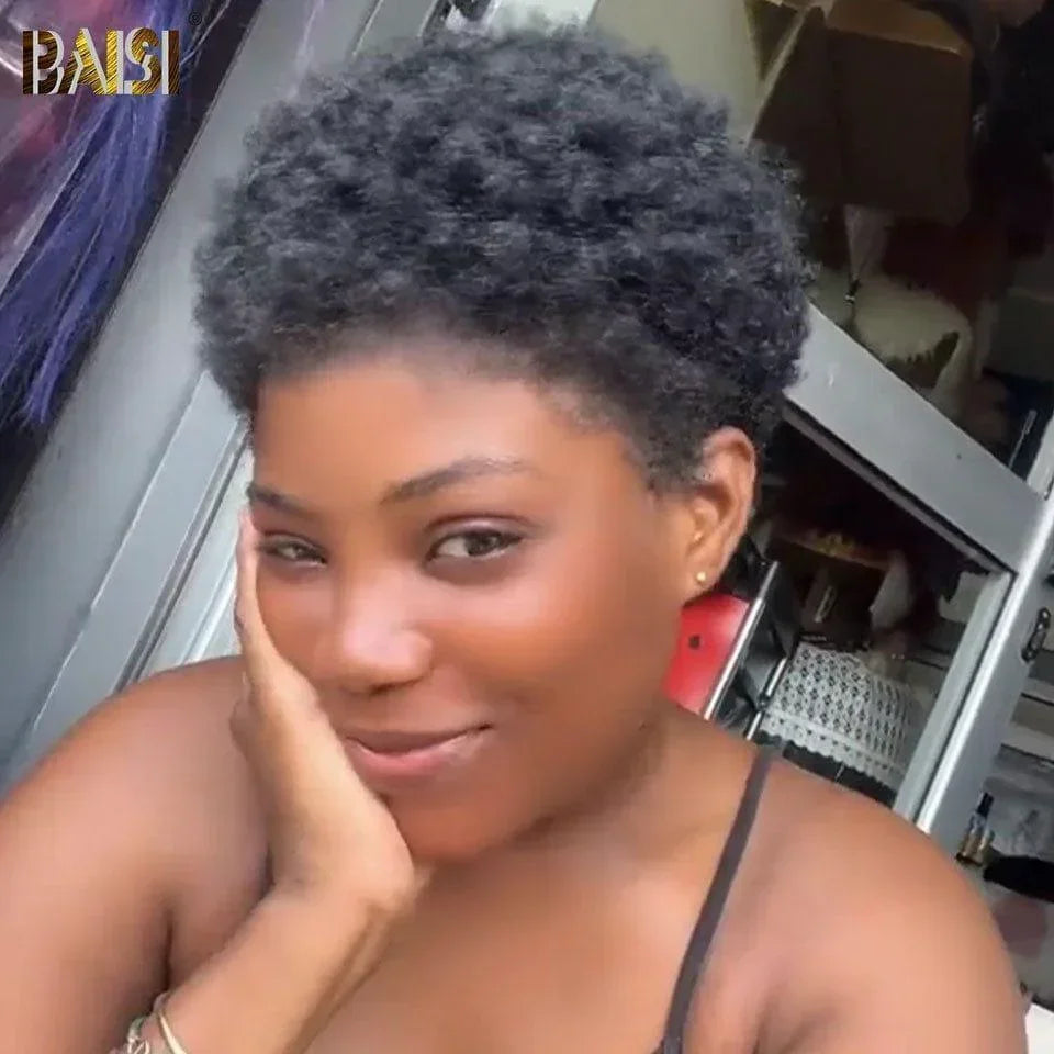 BAISI 13X4 Perruques Pixie curly wave 55€ ou afro curly noir En 100% Cheveux Humains #905 CODE: FR20