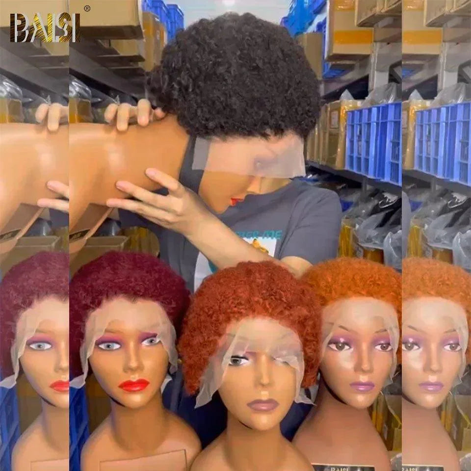 BAISI Pixie Cut Lace Frontal 13x4 Afro Curly 69€ ou sans solle 49€en 100% Vrais Cheveux Humains #905