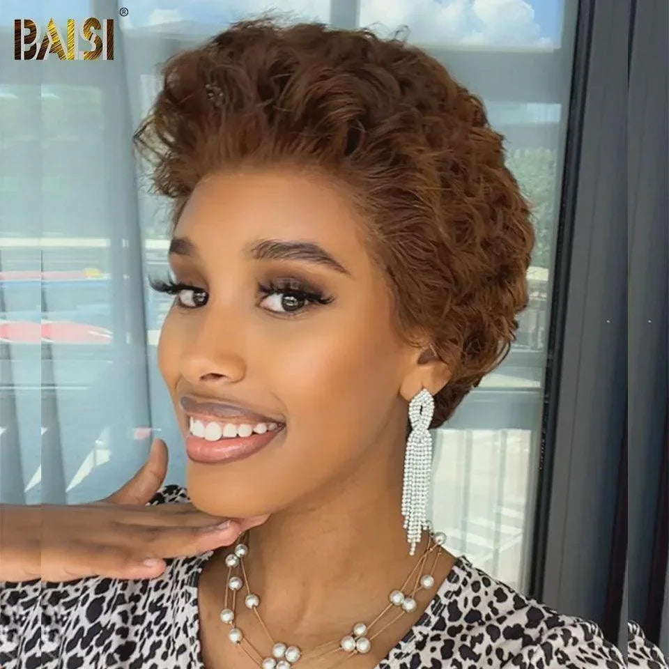 BAISI Achetez 2 perruques minimum au prix d'usine fournisseur 13X4 Lace Perruque pixie curly en 100% Vrais Cheveux Humains ou 2x6 Lisse bob 8 Pouces En Couleur Marron(Pas Besoins De Code)