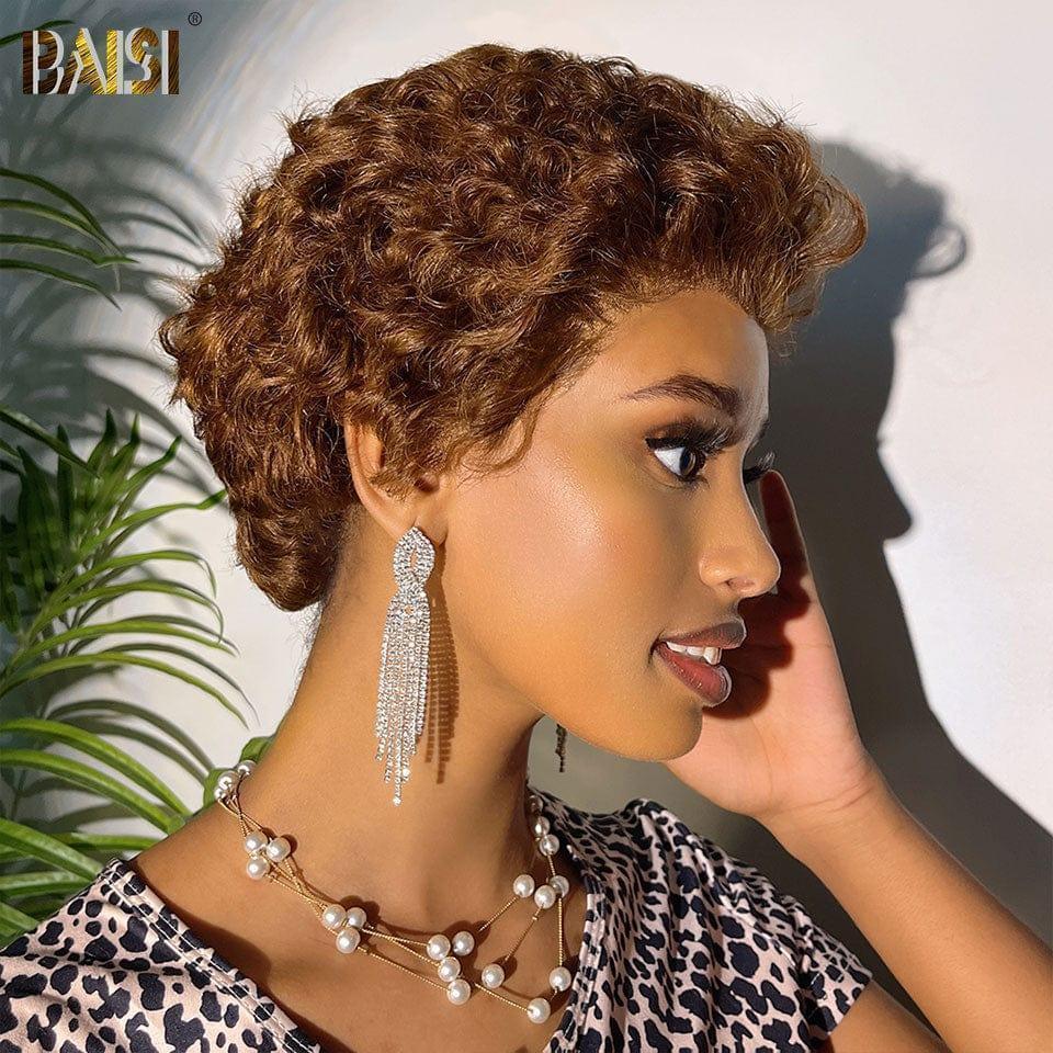 BAISI perruque sans Colle finger wave NOIR ou 13X4 Perruque Personnalisée pixie coupe curly marron 4# cheveux raw hair