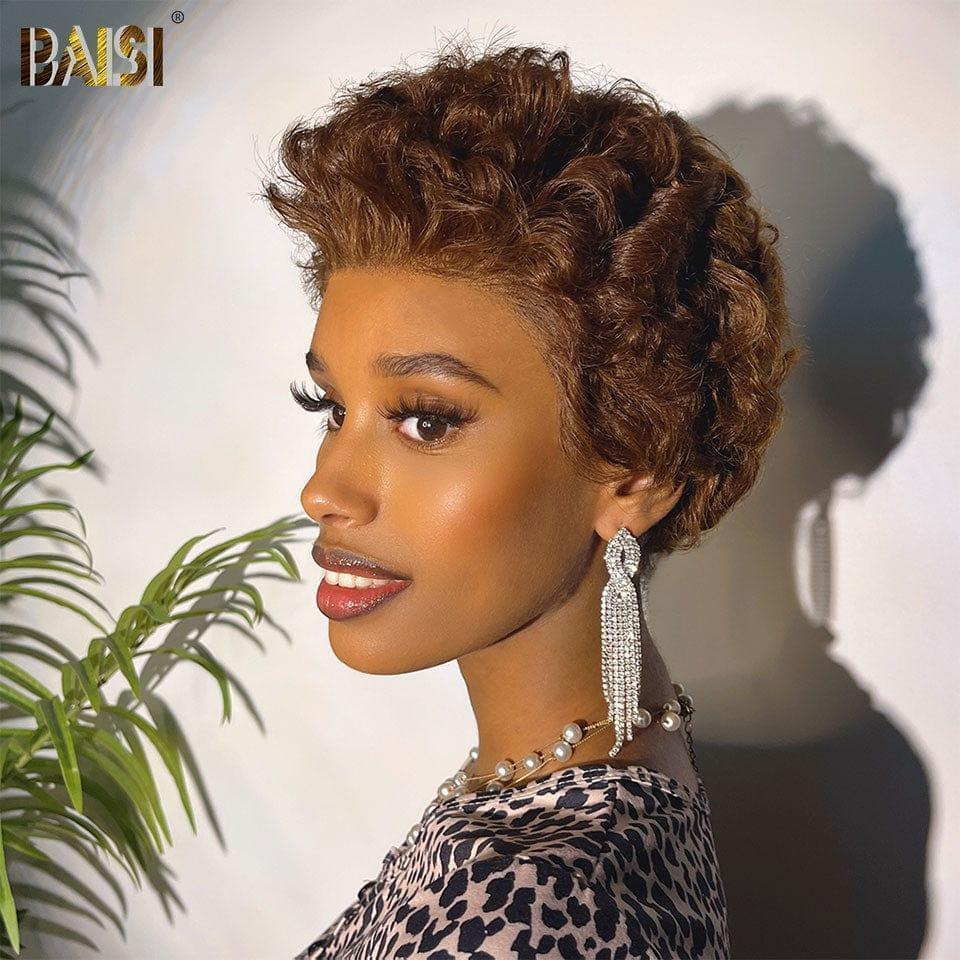 BAISI perruque sans Colle finger wave NOIR ou 13X4 Perruque Personnalisée pixie coupe curly marron 4# cheveux raw hair
