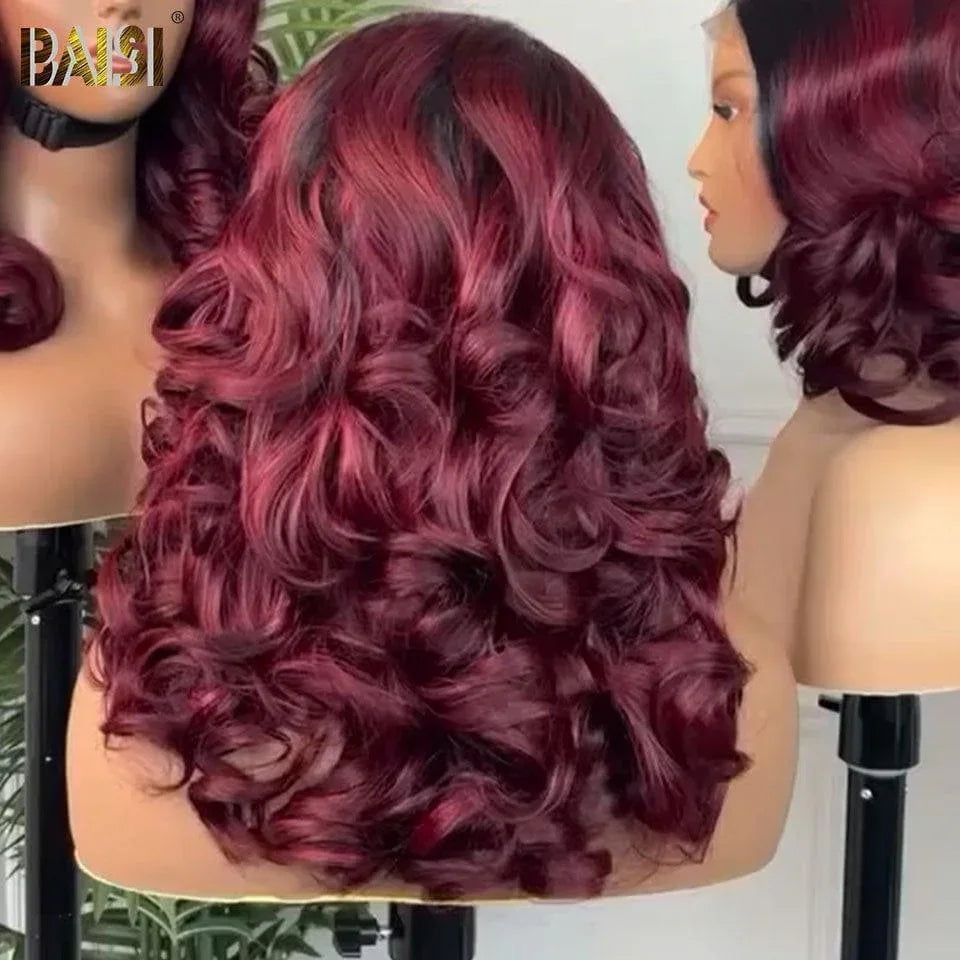 Baisi perucas de luxo 13x4 peruca frontal do laço 300% volume encaracolado saltitante na cor borgonha # 99j em 100% cabelo humano vip100