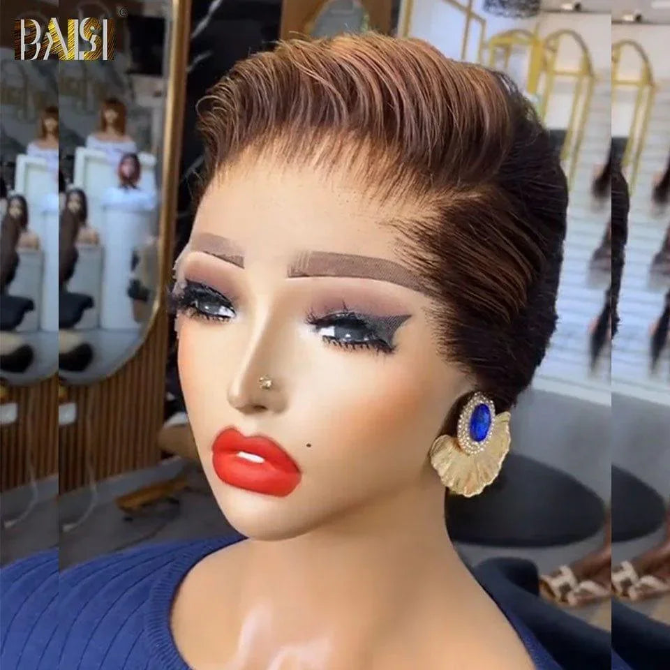 BAISI Achetez 1 + 1 Gratuite = 160€ 2X6 lace bob Lisse et sans lace curly wave ou 13X4 Perruque pixie vague En Couleur Marron 69€ en 100% Cheveux Humains D