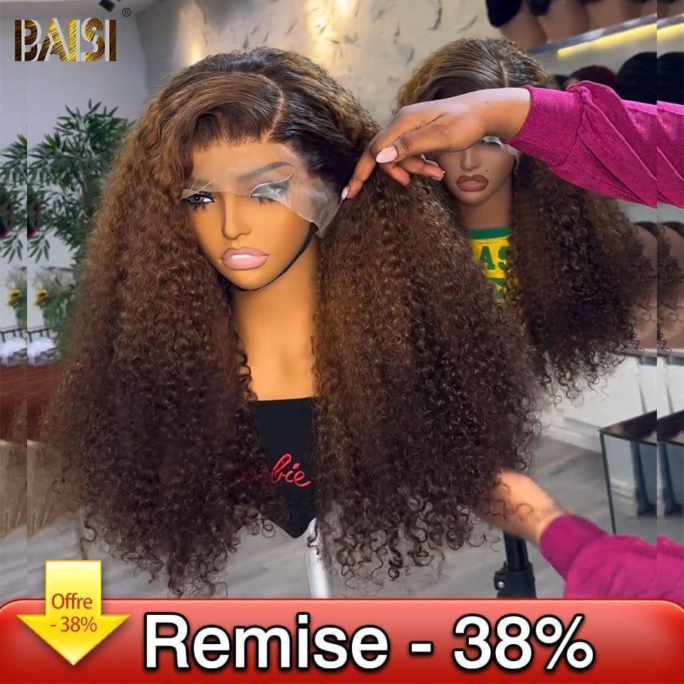 Peluca rizada y rizada con encaje frontal BAISI 13x4 en color #4#30#4 en cabello 100% humano código: FR38