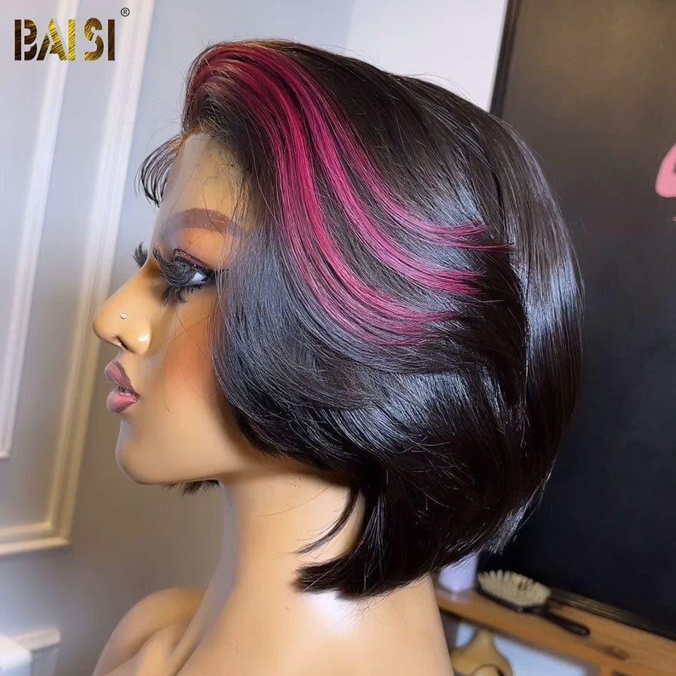 BAISI 13x4 gerade Bob-Perücke in der Farbe #1B #99J mit Highlights aus 100 % echtem Menschenhaar
