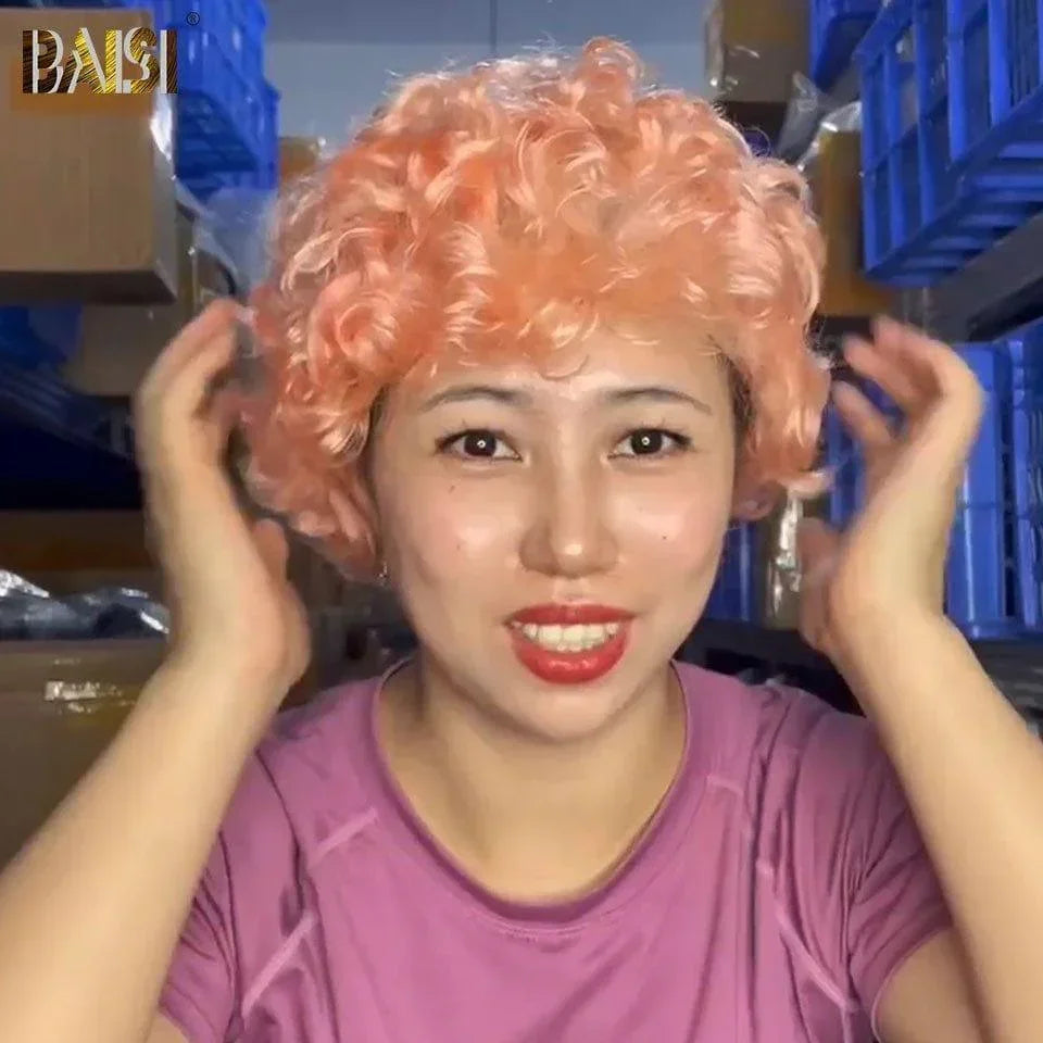 BAISI perruque sans colle sans Colle Fabriqué à la Machine NOIR pixie 58€ ou 13X4 Perruque Pixie Finger Wave petite coupe en Couleur rose 88€ En 100% Cheveux Humains