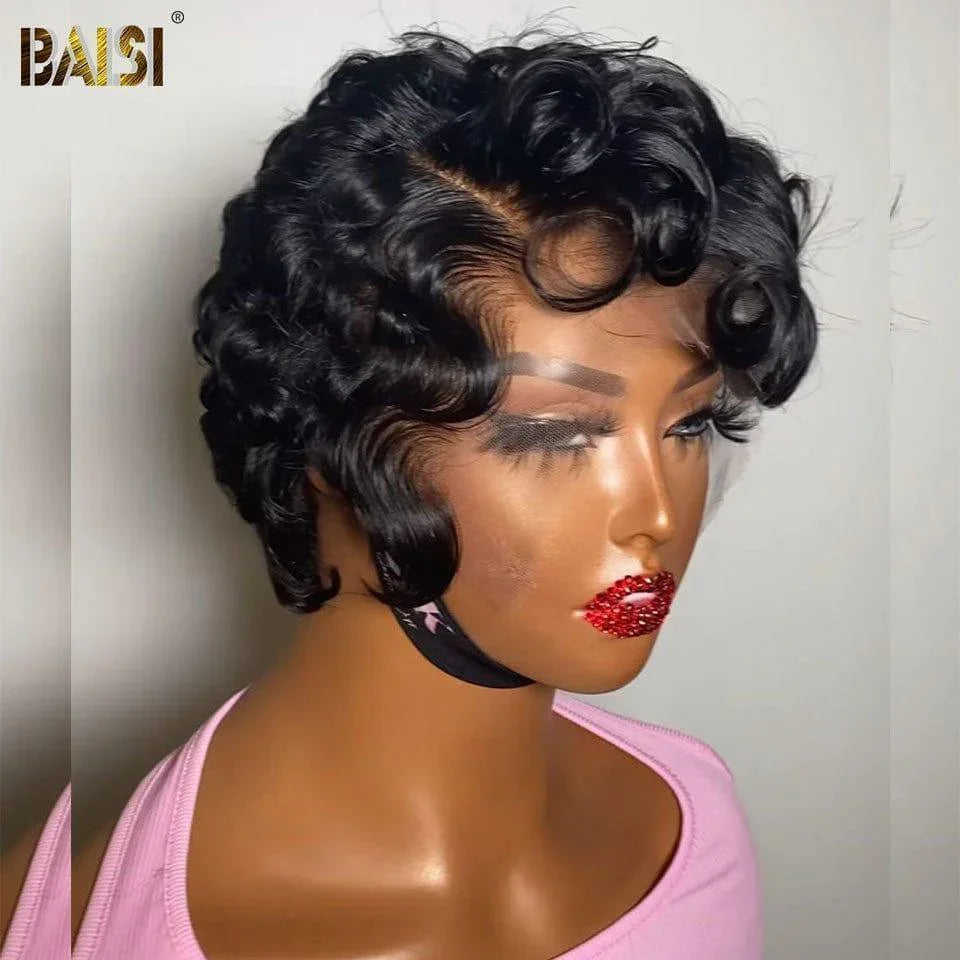BAISI Peluca Pixie Onda Rizada 5X5 En Color Negro en Cabello 100% Humano FR38