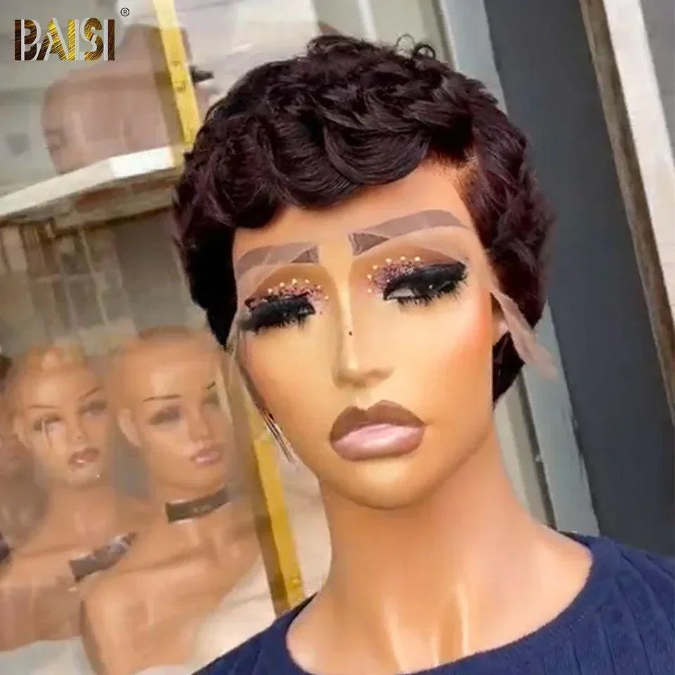 BAISI Pixie Cut Lace Frontal 13x4 Curly wave en couleur Mixte 4T30# 52€ ou Marron 69€ en 100% Vrais Cheveux Humains D