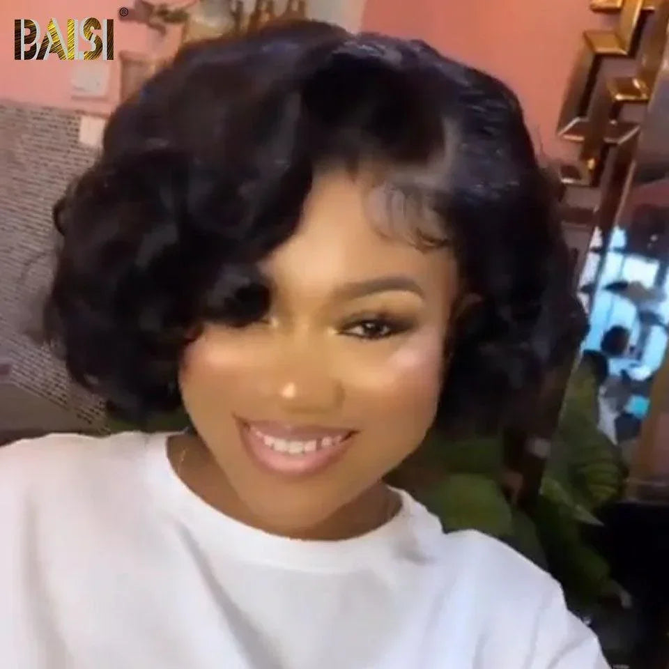 BAISI Achetez 2 perruques minimum au prix d'usine fournisseur en France TVA 0€ 48H arrivé pixie Fabriqué à la Machine finger wave 4/27# ou 13X4 Lace Perruque pixie Lisse NOIR en 100% Vrais Cheveux Humains (Pas Besoins De Code)