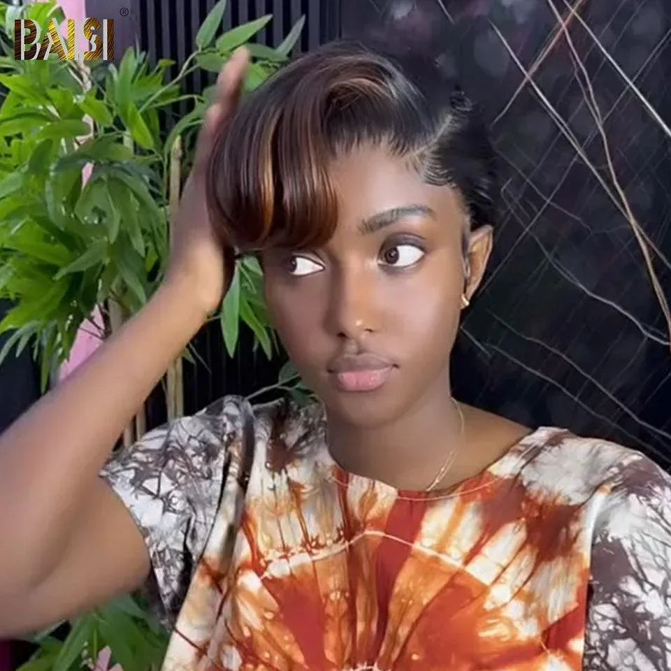BAISI Perruque Ondulée Coupe Pixie 13X4 Frontal Perruque personnalisée finger wave ou Lisse en Couleur Noir Mix Marron 1B#4# en 100% cheveux humains
