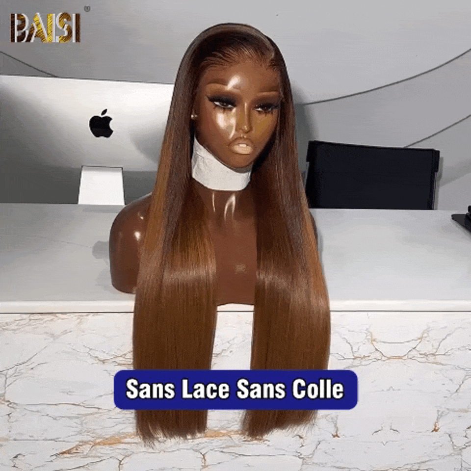 BAISI 13x4 Frontal Perruque Lisse en couleur #4T30 Pré-plucked Pas Besoin de Colle en 100% Raw Hair Lace déjà couper