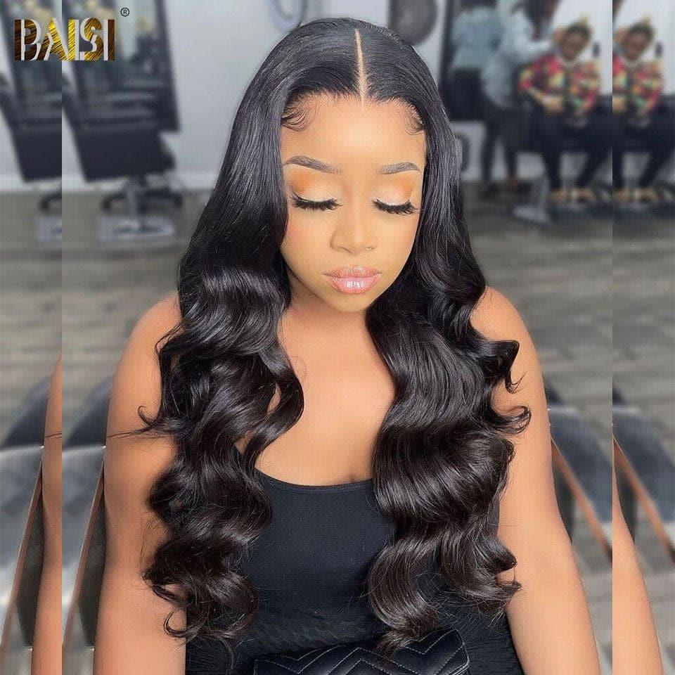 BAISI 13x6 Frontal-Körperwellen-Perücke, vorgezupft, kein Kleber erforderlich, aus 100 % Rohhaar, Spitze bereits geschnitten