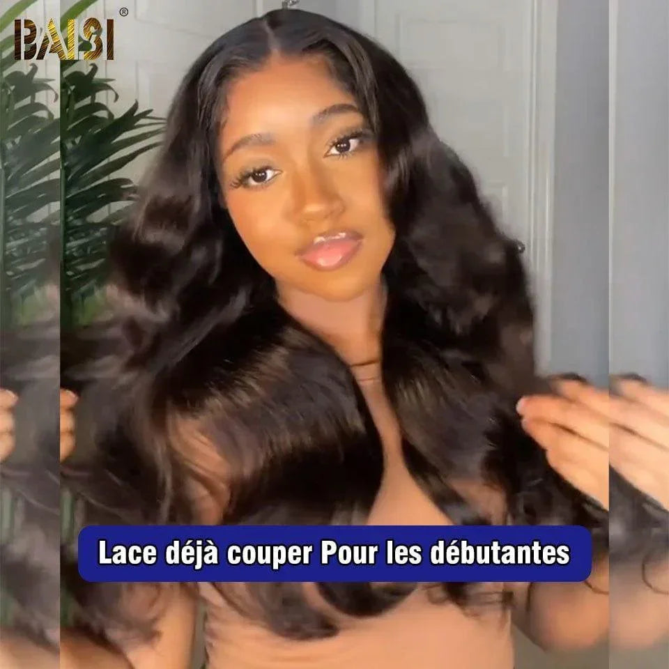 BAISI 13x6 Frontal-Körperwellen-Perücke, vorgezupft, kein Kleber erforderlich, aus 100 % Rohhaar, Spitze bereits geschnitten