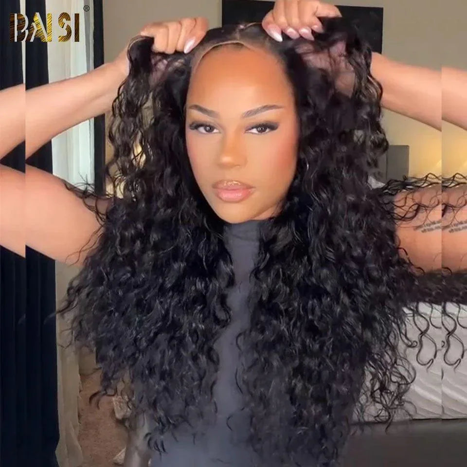 BAISI 13x6 Frontal-Perücke, tiefe Welle, vorgezupft, kein Kleber erforderlich, in 100 % Rohhaar, Spitze bereits geschnitten