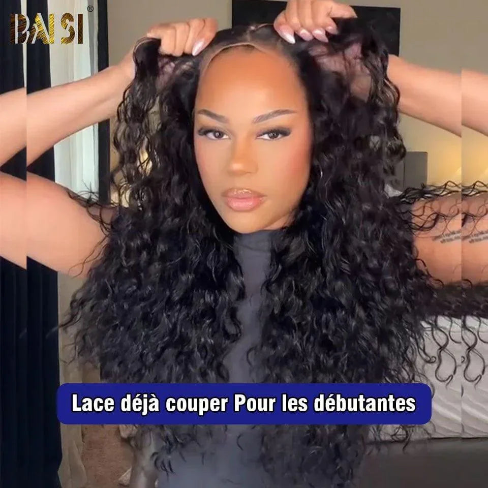 BAISI 13x6 Frontal-Perücke, tiefe Welle, vorgezupft, kein Kleber erforderlich, in 100 % Rohhaar, Spitze bereits geschnitten