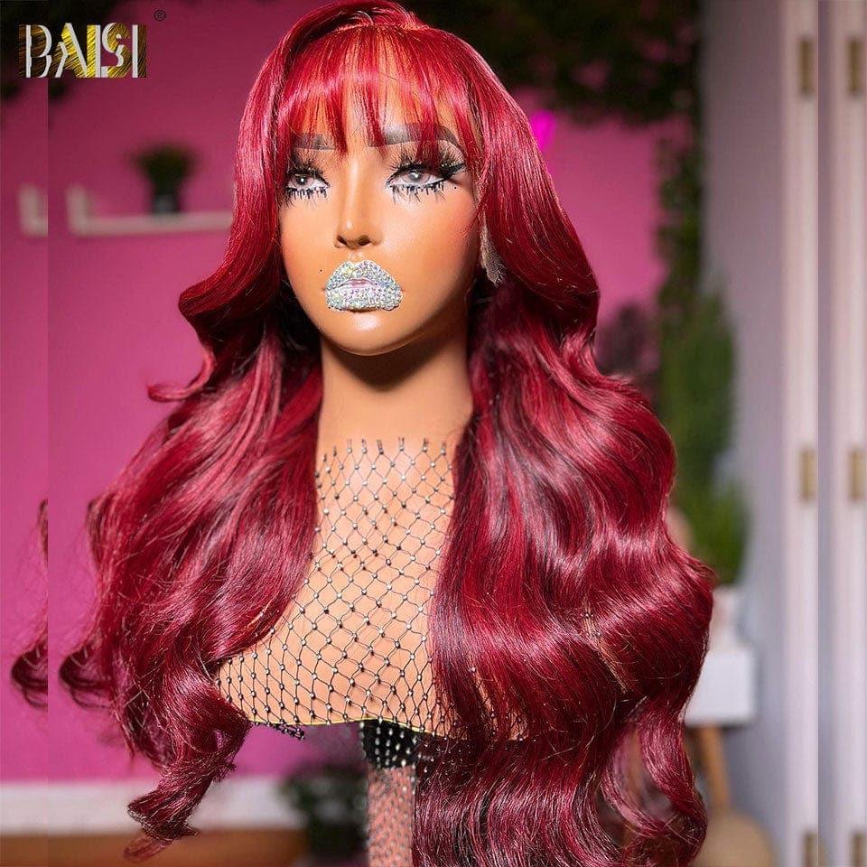 BAISI 13x4 Lace Frontal Burgunderrote Body Wave Perücke 99J mit Pony aus 100 % Echthaar
