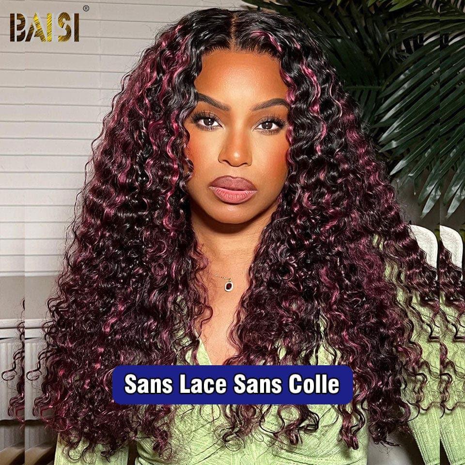 BAISI 13x4 Frontal Wig Deep wave in color 1b burgundy highlights Pre-plucked No Glue Need in 100% Raw Hair Lace already cut