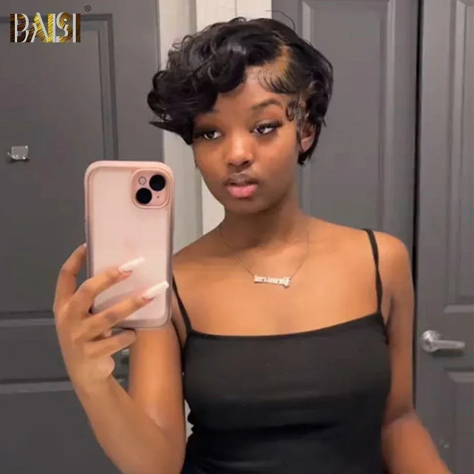 Parrucca Pixie frontale in pizzo BAISI 13X4 nera € 75 metà prezzo in capelli umani al 100%
